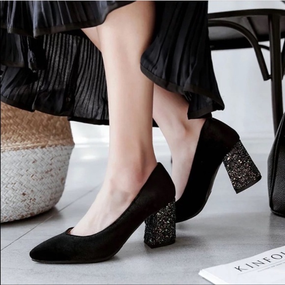 Velvet Sparkle Chunky Heel Holiday Pumps 3 Colors - Picture 8 of 8